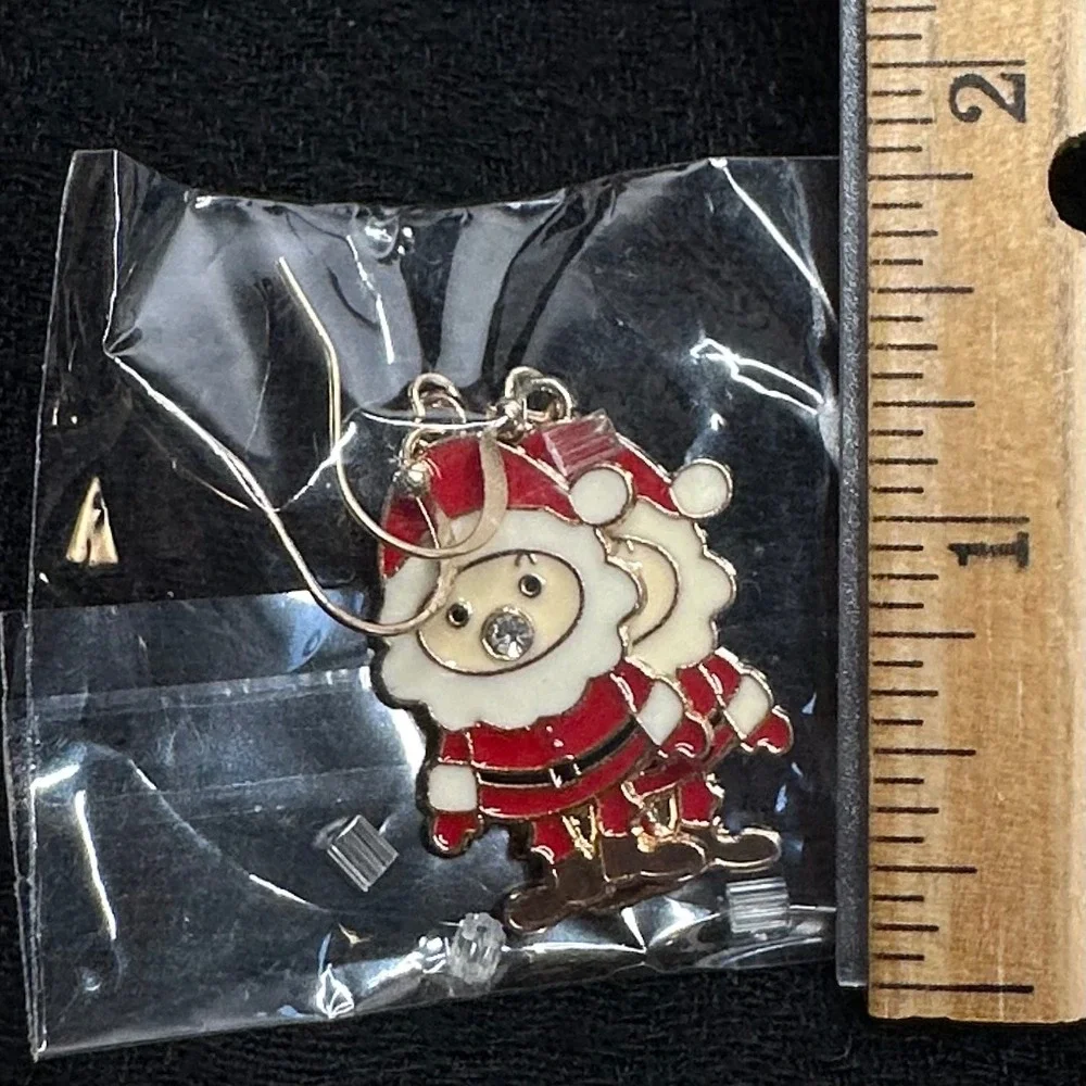 Christmas Santa Claus Dangle Earrings Rhinestone Nose‎ Red Enamel Holiday Cute!